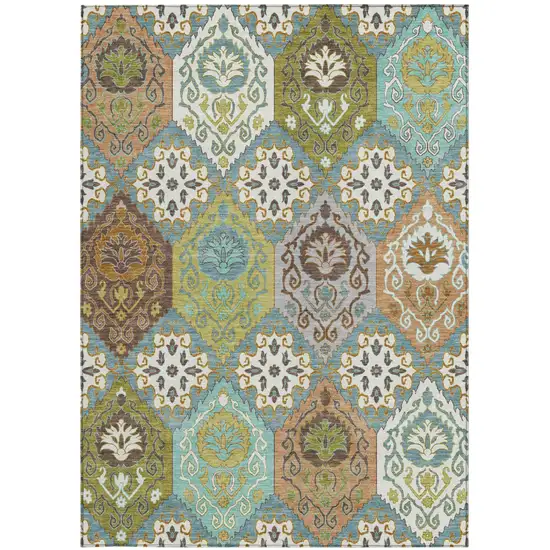 Teal Blue And Ivory Geometric Washable Indoor Outdoor Area Rug Photo 3