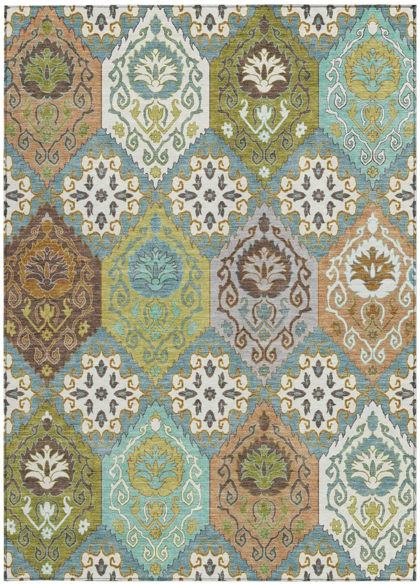 Teal Blue And Ivory Geometric Washable Indoor Outdoor Area Rug Photo 3