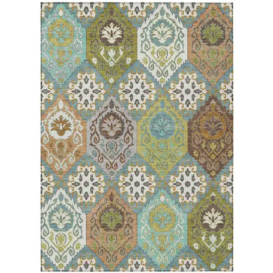 Teal Blue And Ivory Geometric Washable Indoor Outdoor Area Rug Photo 1