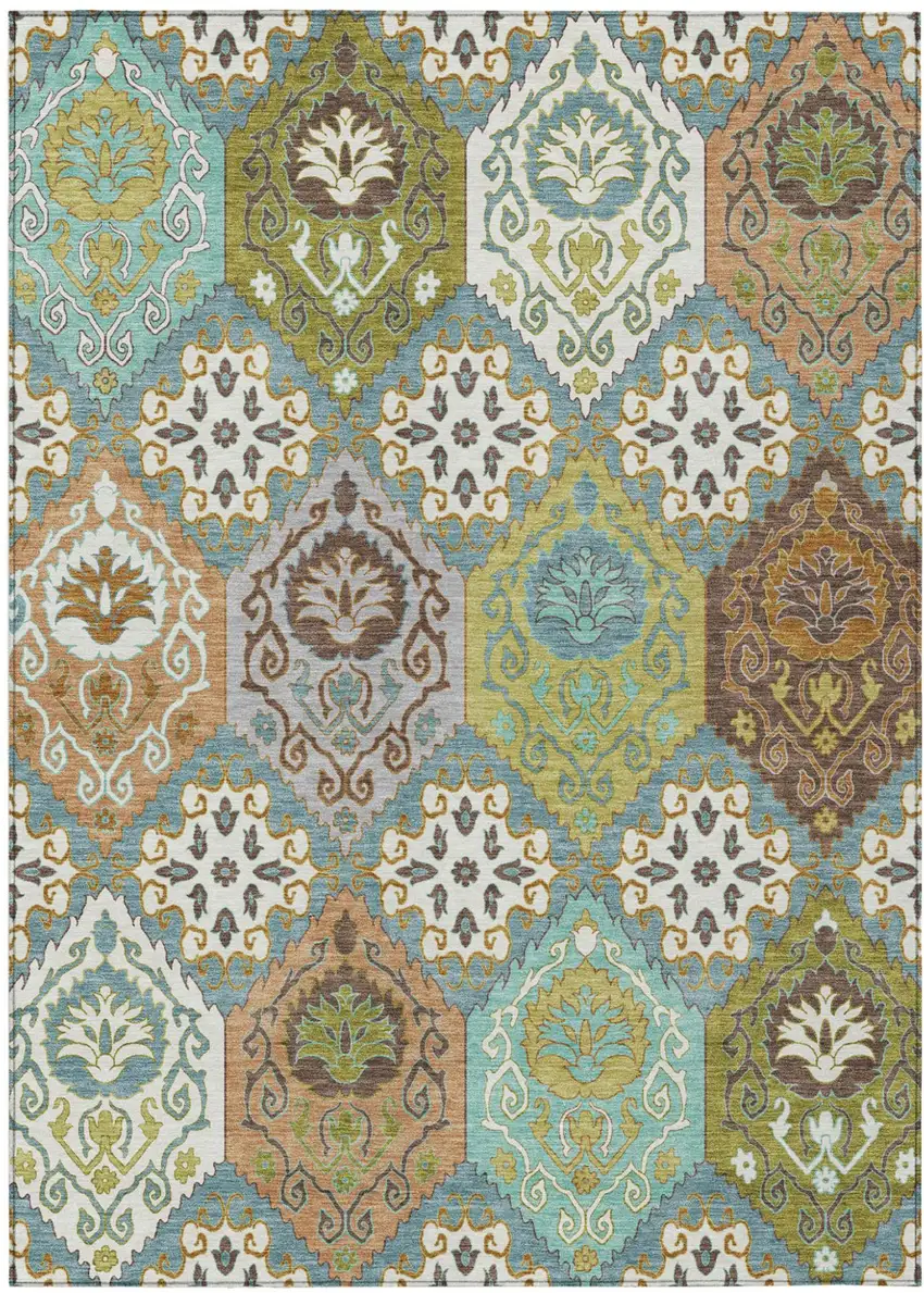 Teal Blue And Ivory Geometric Washable Indoor Outdoor Area Rug Photo 1