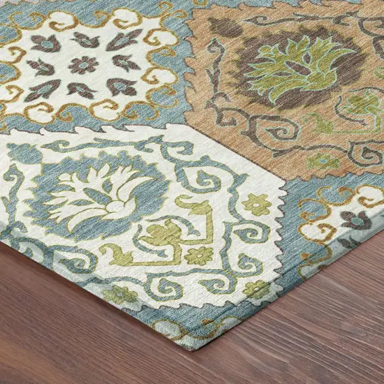Teal Blue And Ivory Geometric Washable Indoor Outdoor Area Rug Photo 4