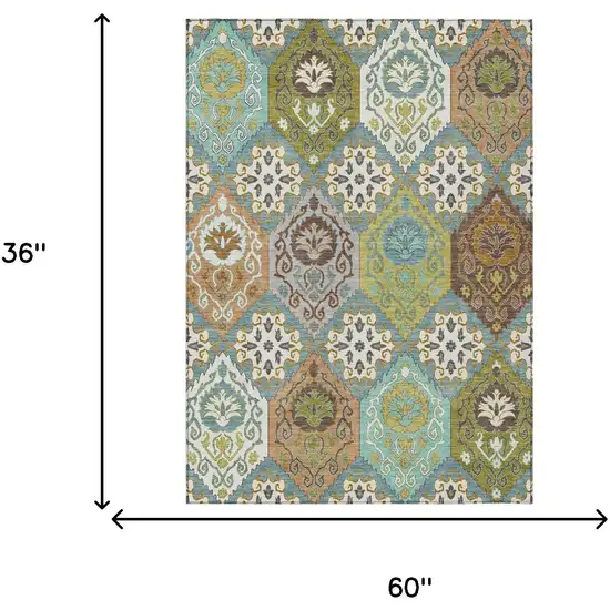 Teal Blue And Ivory Geometric Washable Indoor Outdoor Area Rug Photo 6