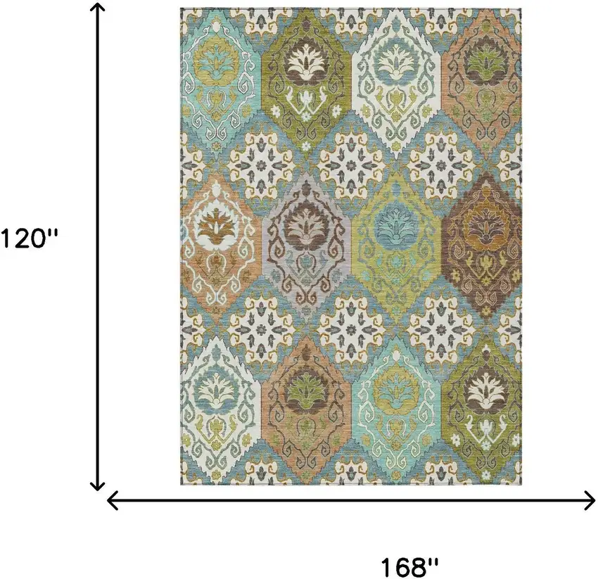 Teal Blue And Ivory Geometric Washable Indoor Outdoor Area Rug Photo 6
