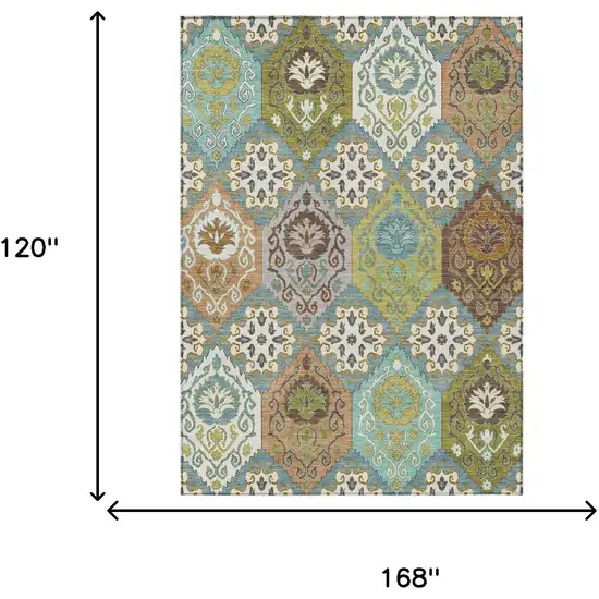 Teal Blue And Ivory Geometric Washable Indoor Outdoor Area Rug Photo 6