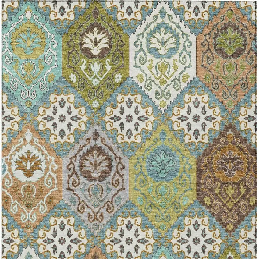 Teal Blue And Ivory Geometric Washable Indoor Outdoor Area Rug Photo 3