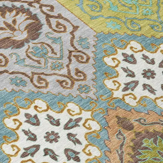 Teal Blue And Ivory Geometric Washable Indoor Outdoor Area Rug Photo 5