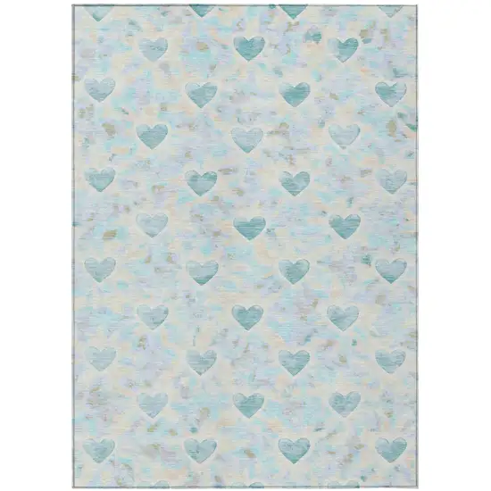 Teal Blue And Ivory Geometric Washable Indoor Outdoor Area Rug Photo 1