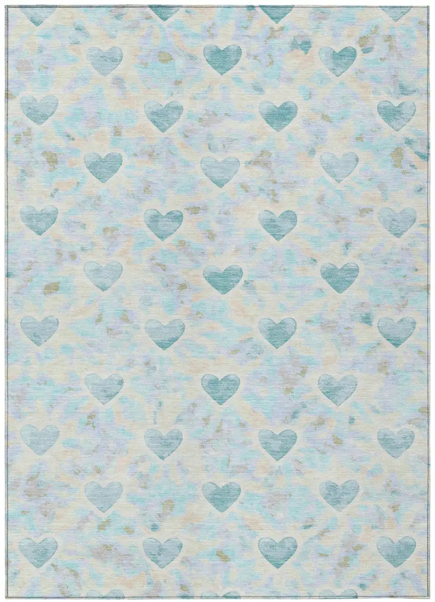 Teal Blue And Ivory Geometric Washable Indoor Outdoor Area Rug Photo 1