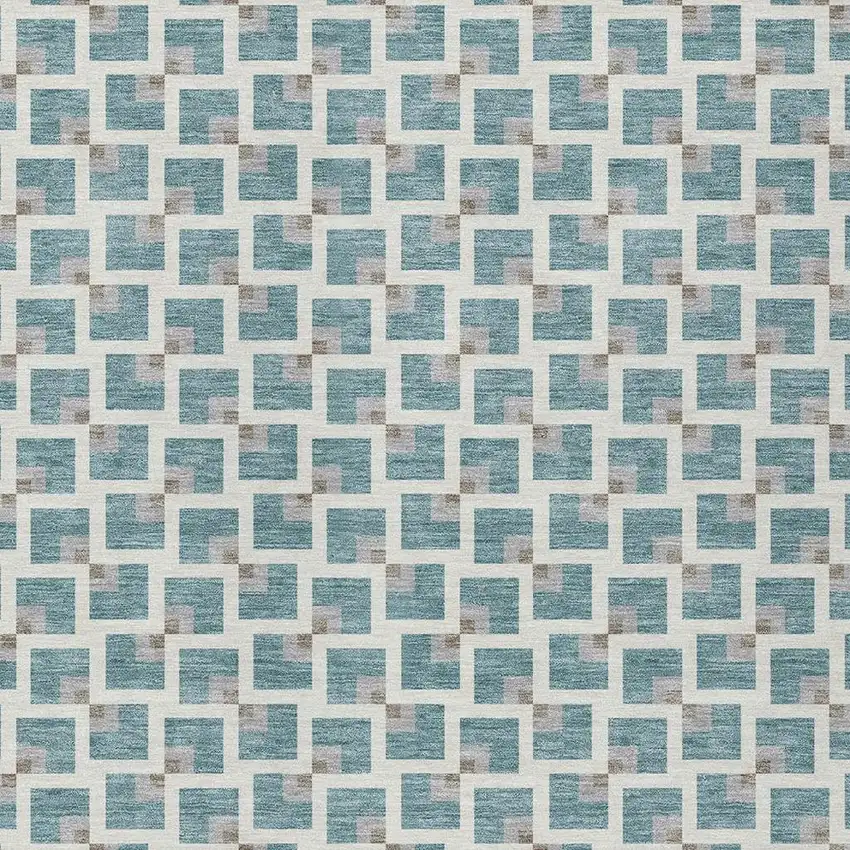 Teal Blue And Ivory Geometric Washable Indoor Outdoor Area Rug Photo 2