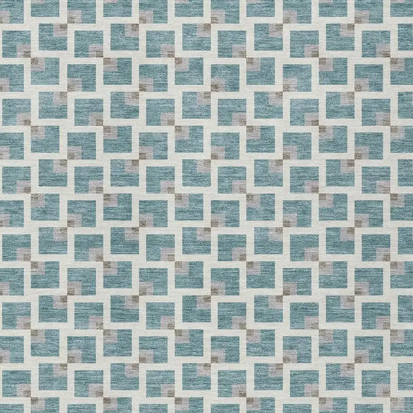 Teal Blue And Ivory Geometric Washable Indoor Outdoor Area Rug Photo 2