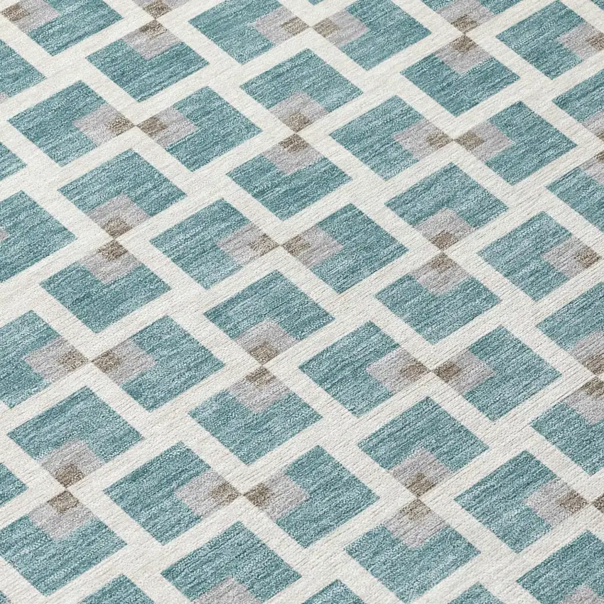 Teal Blue And Ivory Geometric Washable Indoor Outdoor Area Rug Photo 5