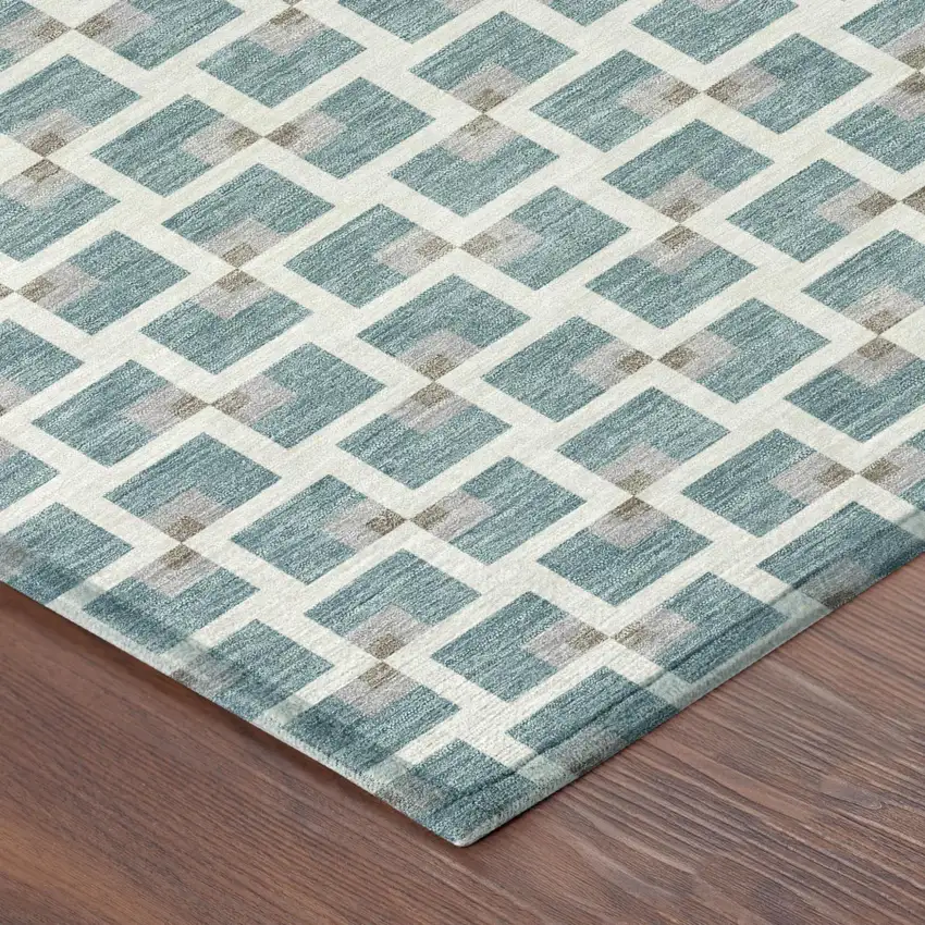 Teal Blue And Ivory Geometric Washable Indoor Outdoor Area Rug Photo 4