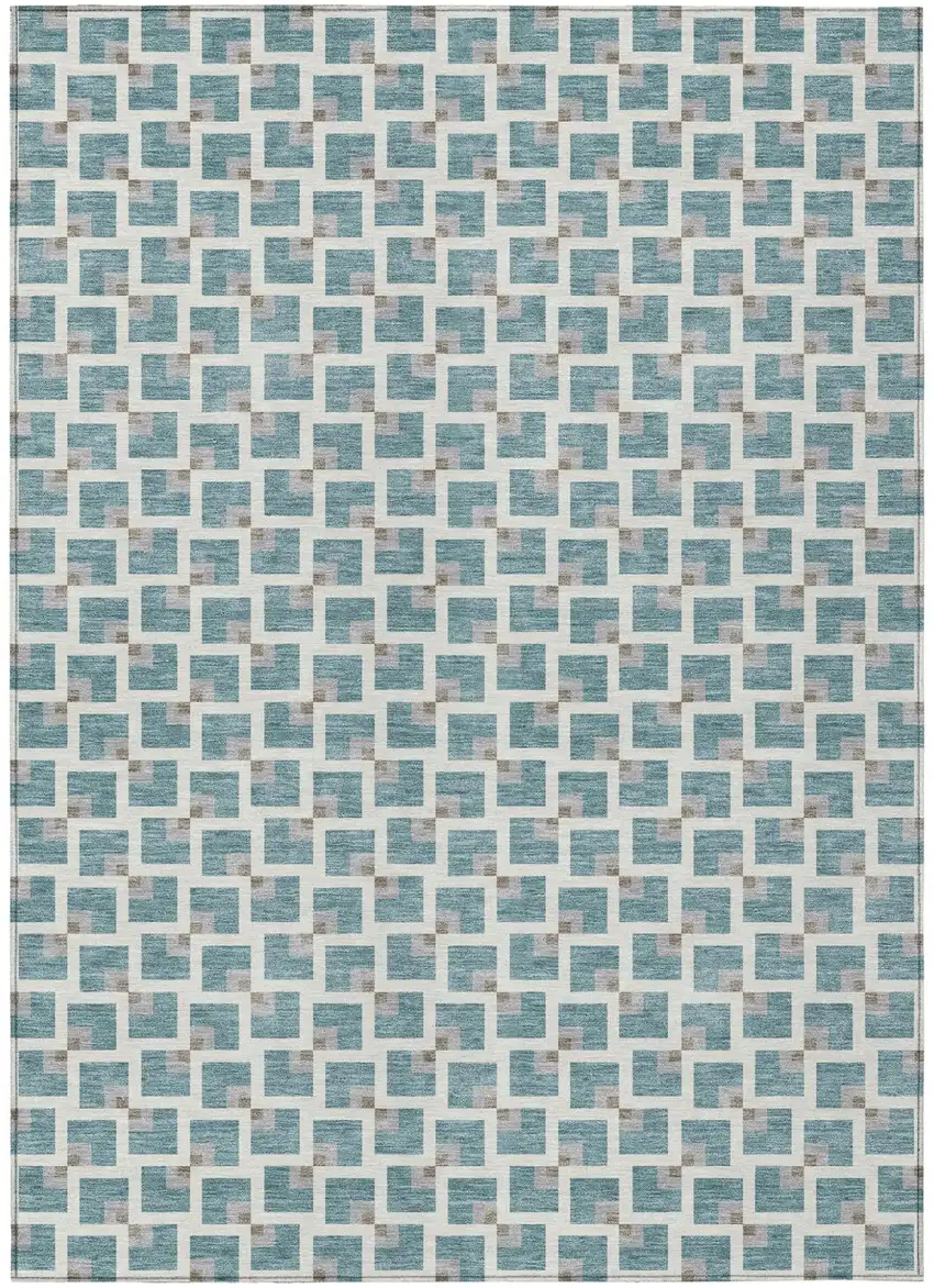 Teal Blue And Ivory Geometric Washable Indoor Outdoor Area Rug Photo 1