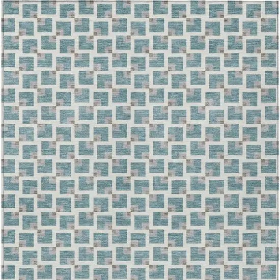 Teal Blue And Ivory Geometric Washable Indoor Outdoor Area Rug Photo 3