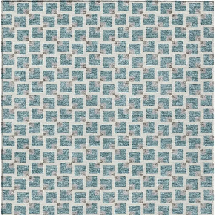 Teal Blue And Ivory Geometric Washable Indoor Outdoor Area Rug Photo 3