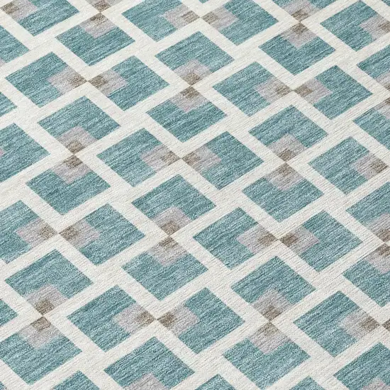 Teal Blue And Ivory Geometric Washable Indoor Outdoor Area Rug Photo 5