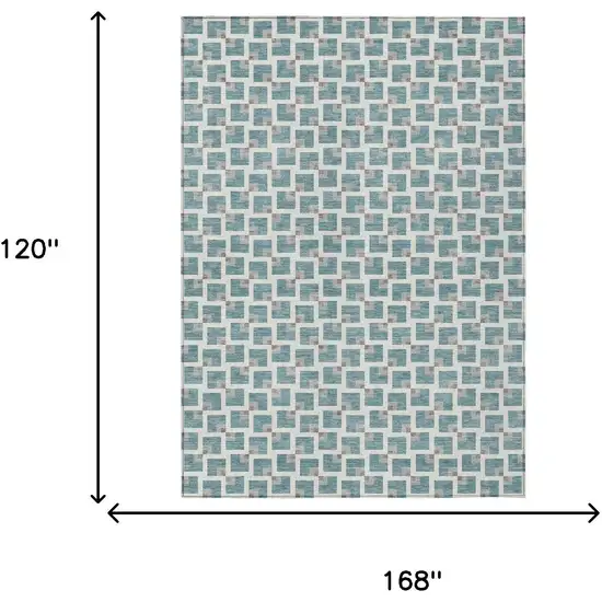 Teal Blue And Ivory Geometric Washable Indoor Outdoor Area Rug Photo 6
