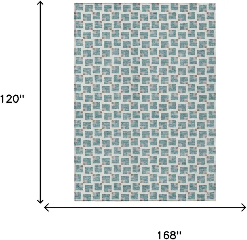 Teal Blue And Ivory Geometric Washable Indoor Outdoor Area Rug Photo 6