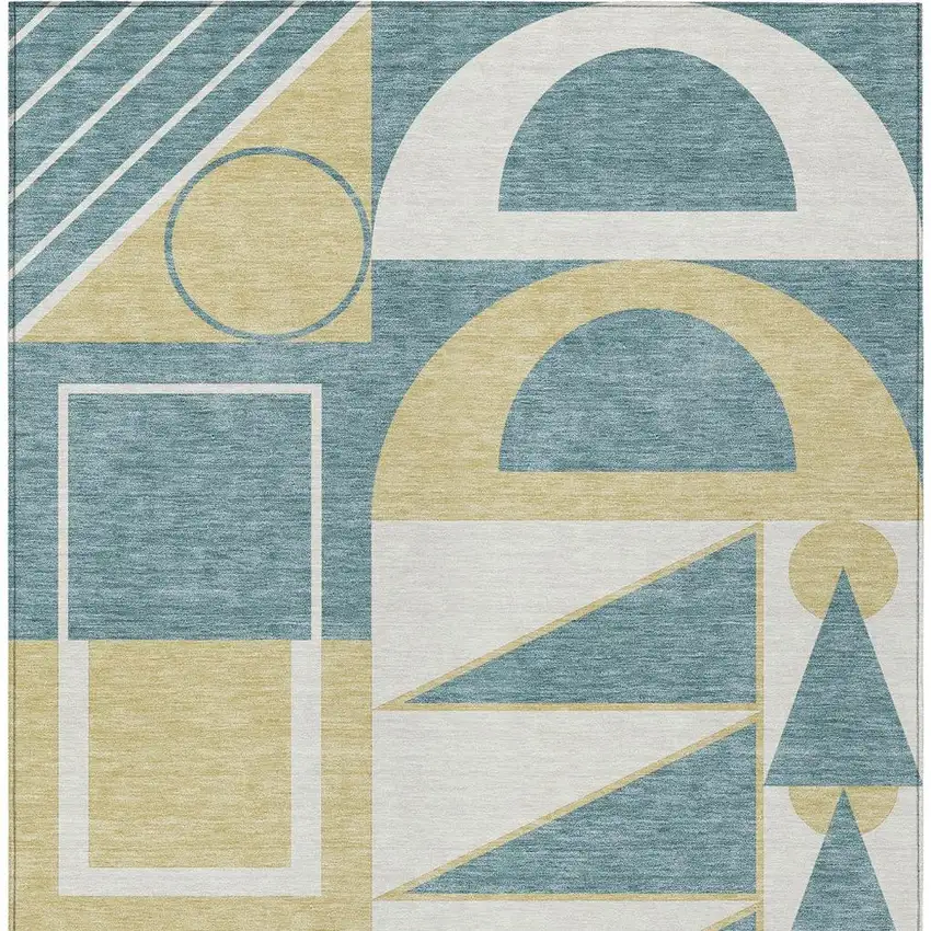 Teal Blue And Ivory Geometric Washable Indoor Outdoor Area Rug Photo 3