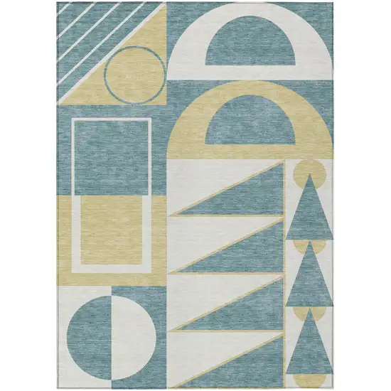 Teal Blue And Ivory Geometric Washable Indoor Outdoor Area Rug Photo 1