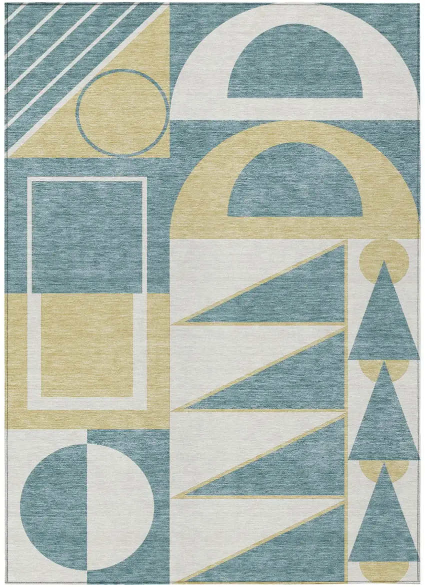 Teal Blue And Ivory Geometric Washable Indoor Outdoor Area Rug Photo 1