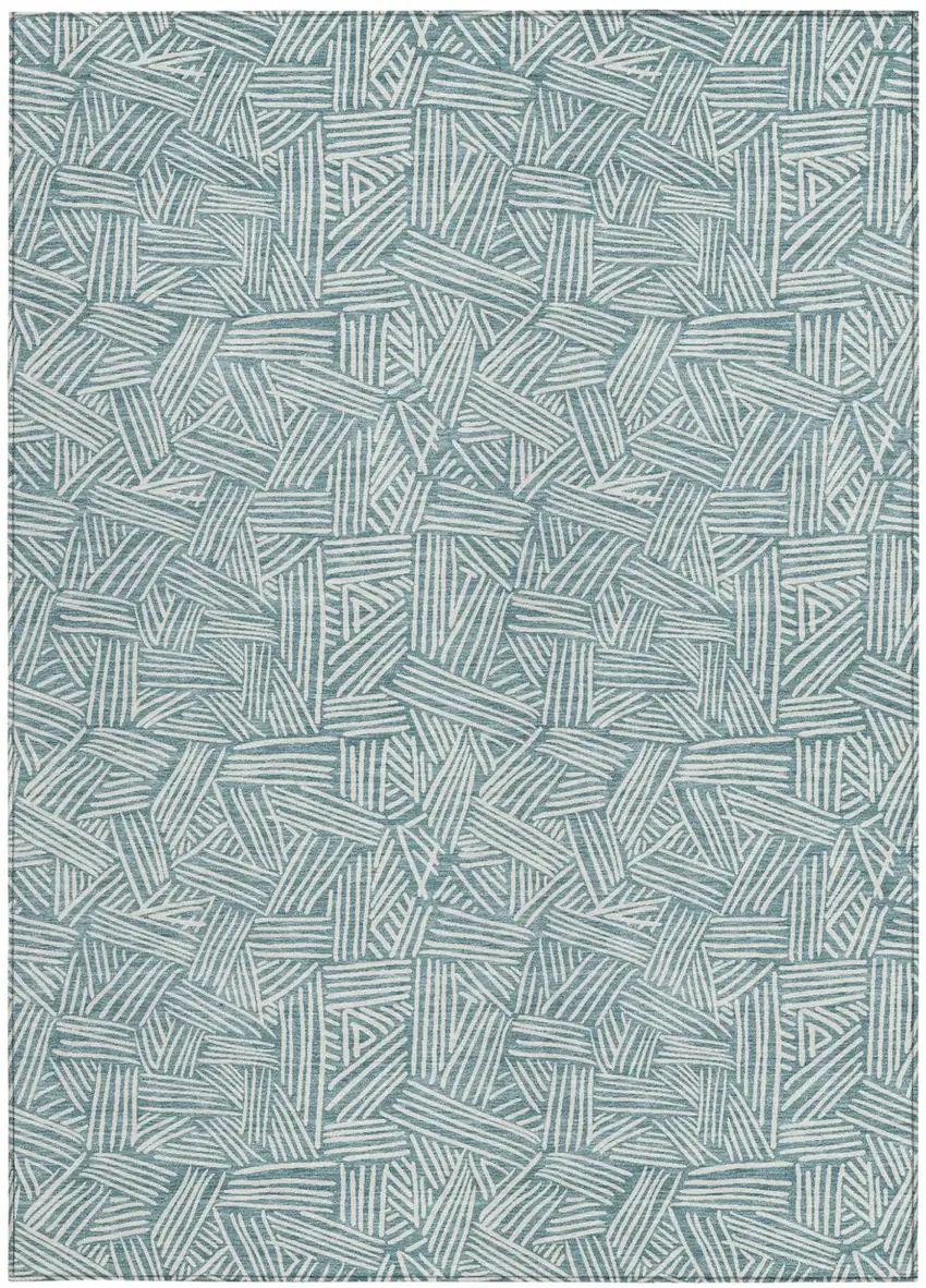 Teal Blue And Ivory Geometric Washable Indoor Outdoor Area Rug Photo 3
