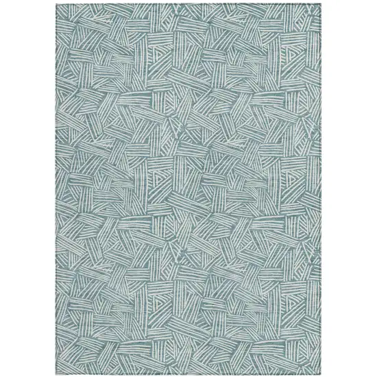 Teal Blue And Ivory Geometric Washable Indoor Outdoor Area Rug Photo 3