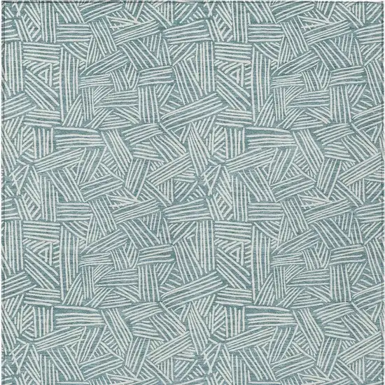 Teal Blue And Ivory Geometric Washable Indoor Outdoor Area Rug Photo 6