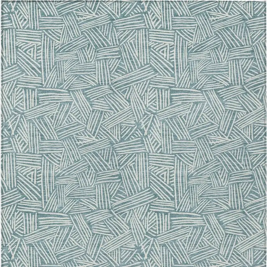 Teal Blue And Ivory Geometric Washable Indoor Outdoor Area Rug Photo 6