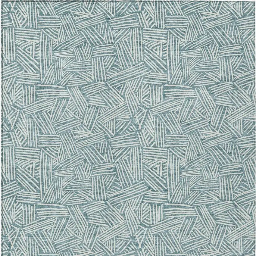 Teal Blue And Ivory Geometric Washable Indoor Outdoor Area Rug Photo 4