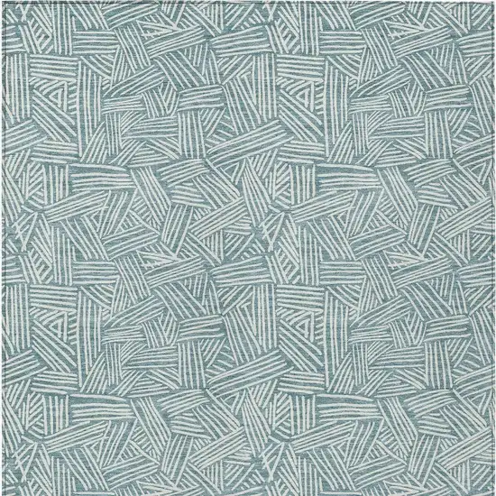 Teal Blue And Ivory Geometric Washable Indoor Outdoor Area Rug Photo 4