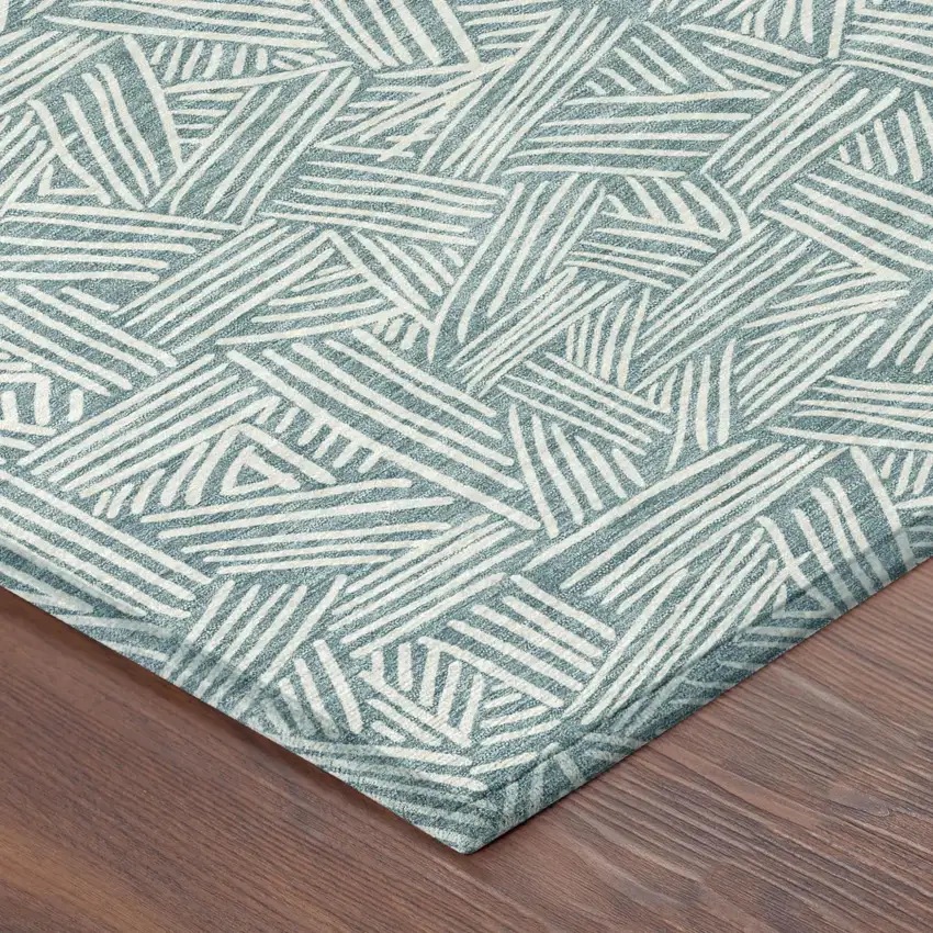 Teal Blue And Ivory Geometric Washable Indoor Outdoor Area Rug Photo 7
