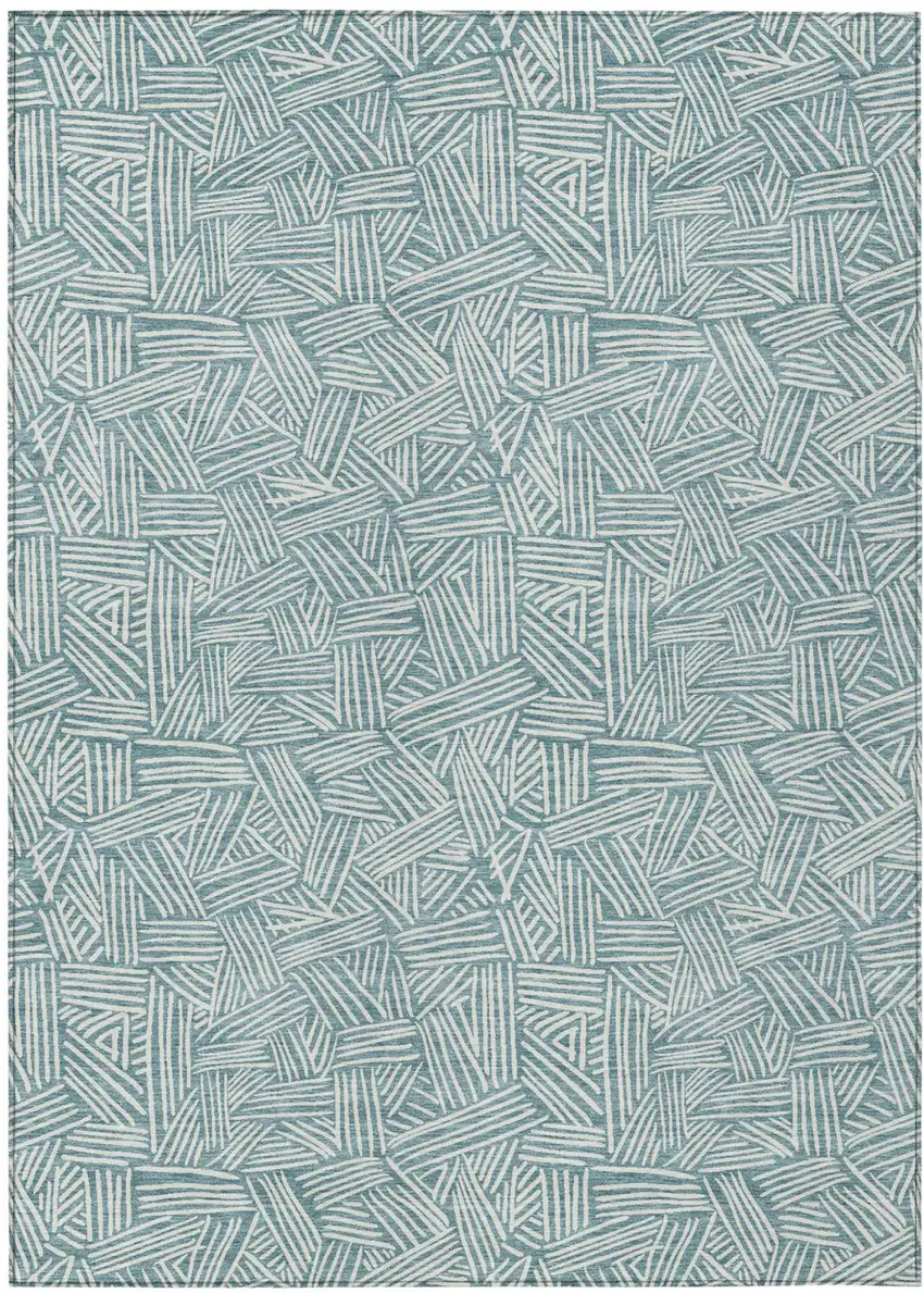 Teal Blue And Ivory Geometric Washable Indoor Outdoor Area Rug Photo 2