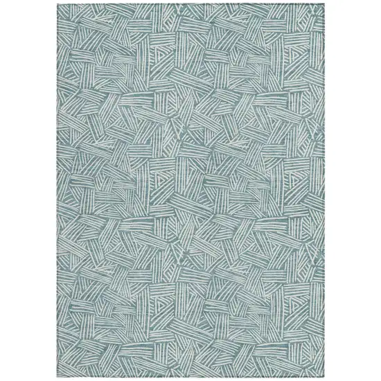 Teal Blue And Ivory Geometric Washable Indoor Outdoor Area Rug Photo 4