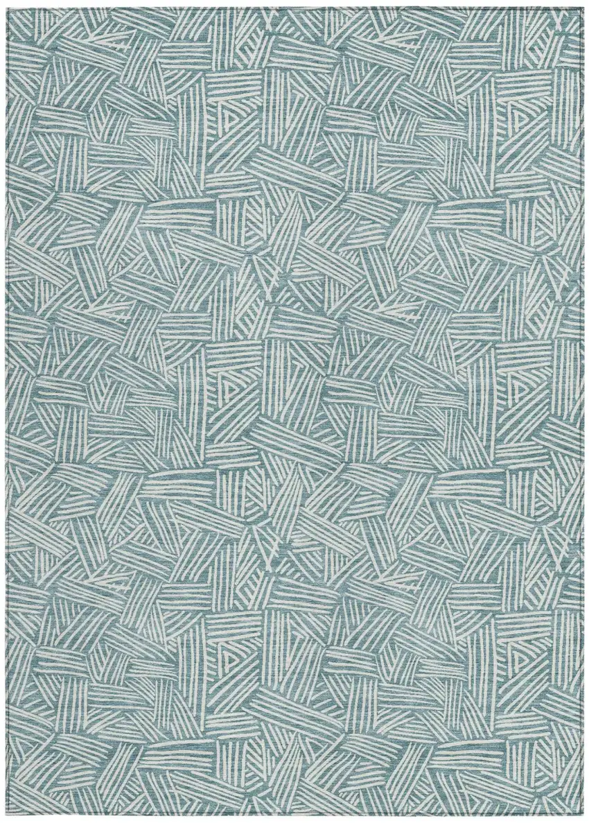 Teal Blue And Ivory Geometric Washable Indoor Outdoor Area Rug Photo 4