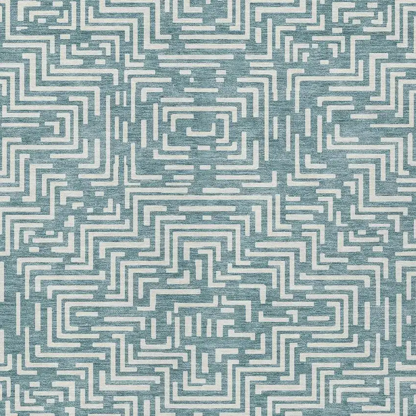 Teal Blue And Ivory Geometric Washable Indoor Outdoor Area Rug Photo 4