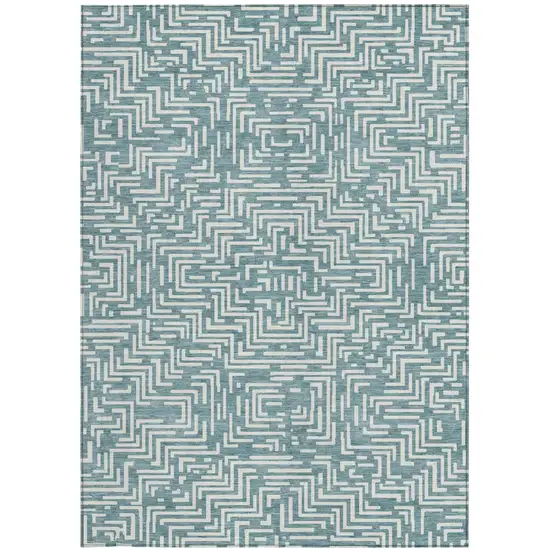 Teal Blue And Ivory Geometric Washable Indoor Outdoor Area Rug Photo 3