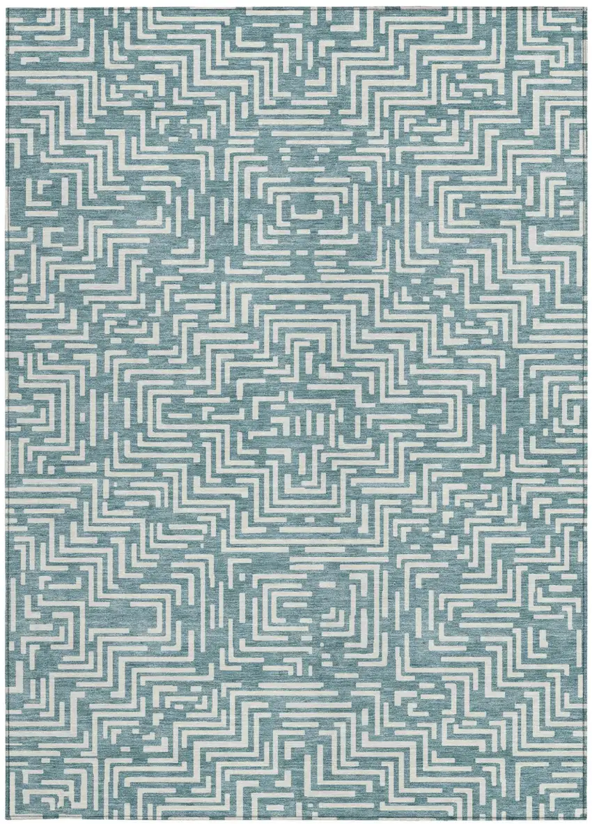 Teal Blue And Ivory Geometric Washable Indoor Outdoor Area Rug Photo 3