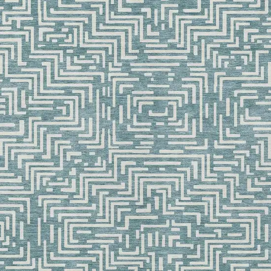 Teal Blue And Ivory Geometric Washable Indoor Outdoor Area Rug Photo 5