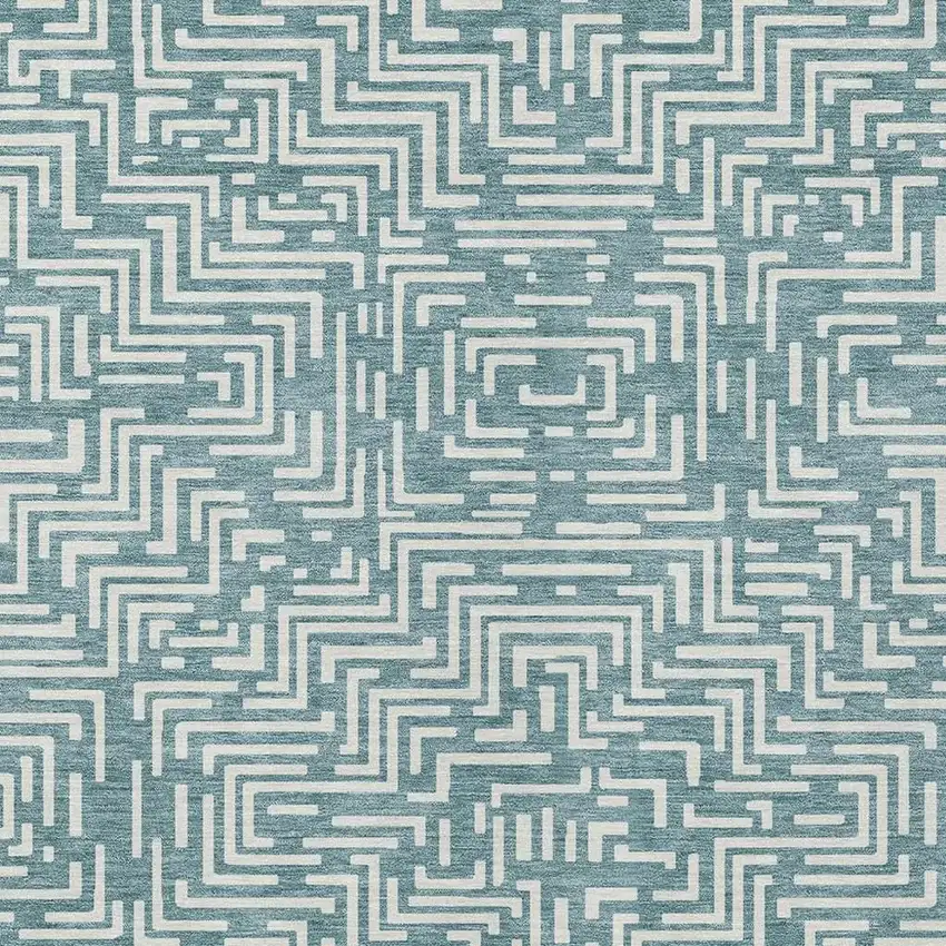 Teal Blue And Ivory Geometric Washable Indoor Outdoor Area Rug Photo 5