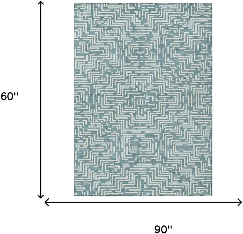 Teal Blue And Ivory Geometric Washable Indoor Outdoor Area Rug Photo 9