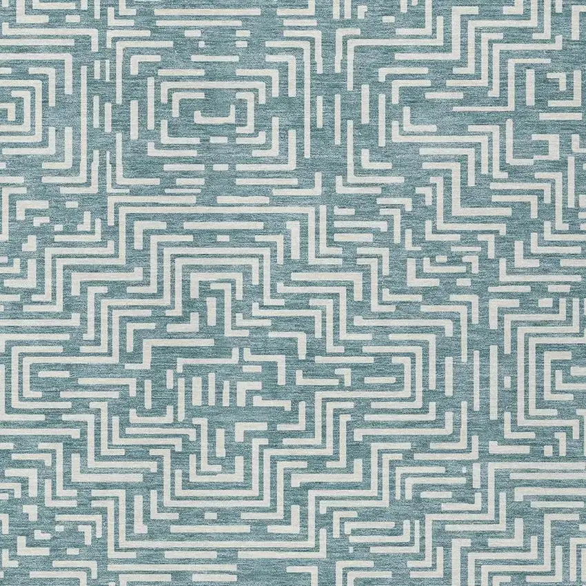 Teal Blue And Ivory Geometric Washable Indoor Outdoor Area Rug Photo 3
