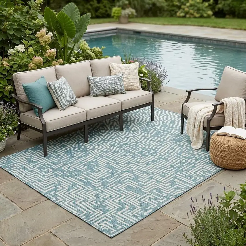 Teal Blue And Ivory Geometric Washable Indoor Outdoor Area Rug Photo 1