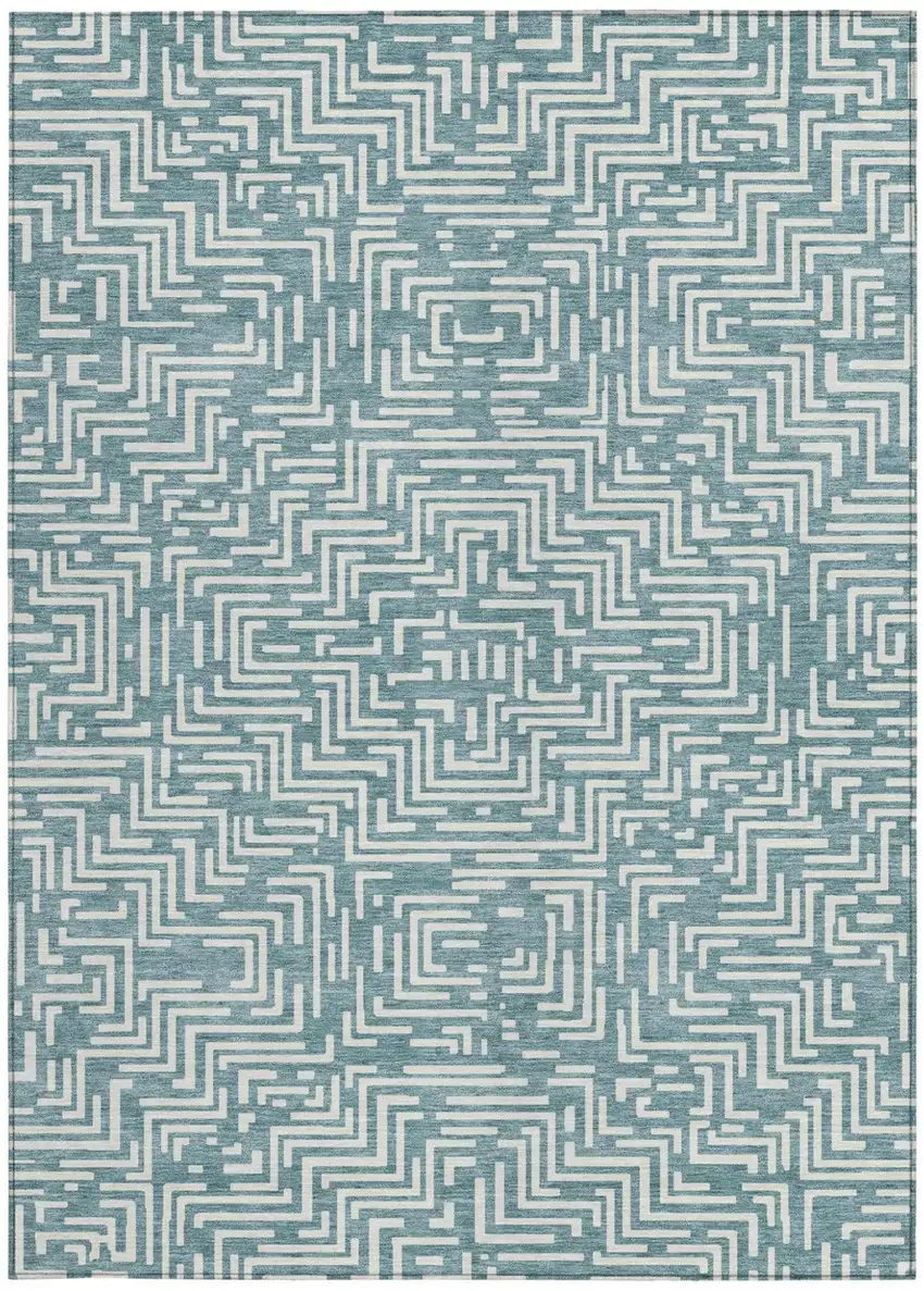 Teal Blue And Ivory Geometric Washable Indoor Outdoor Area Rug Photo 4