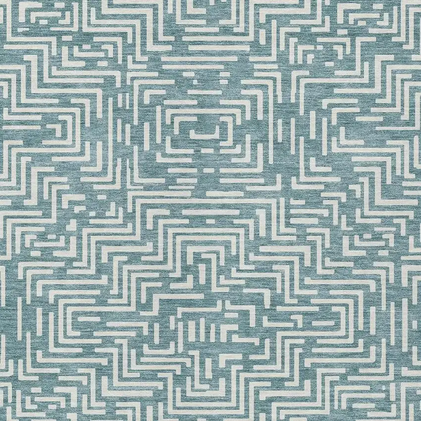 Teal Blue And Ivory Geometric Washable Indoor Outdoor Area Rug Photo 5