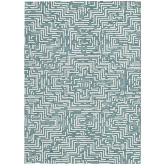 Teal Blue And Ivory Geometric Washable Indoor Outdoor Area Rug Photo 4