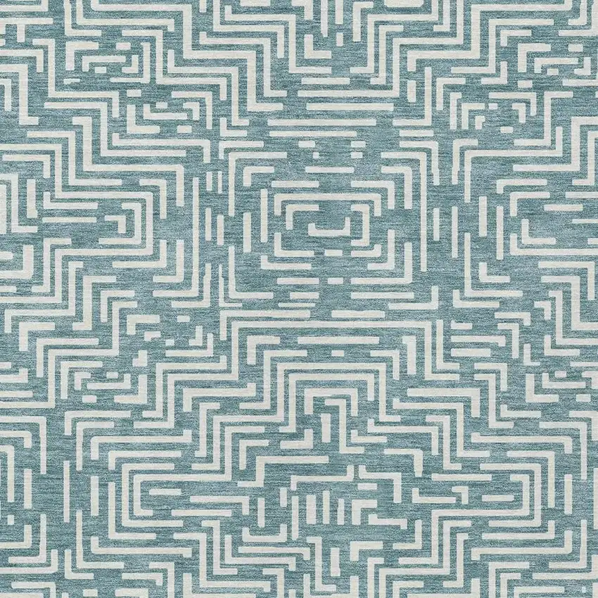 Teal Blue And Ivory Geometric Washable Indoor Outdoor Area Rug Photo 5
