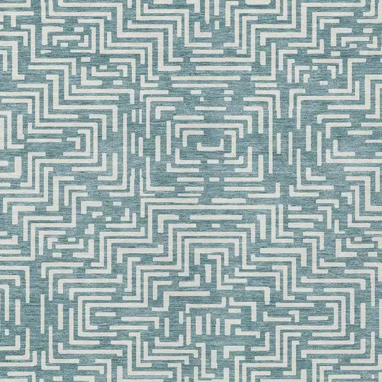 Teal Blue And Ivory Geometric Washable Indoor Outdoor Area Rug Photo 5