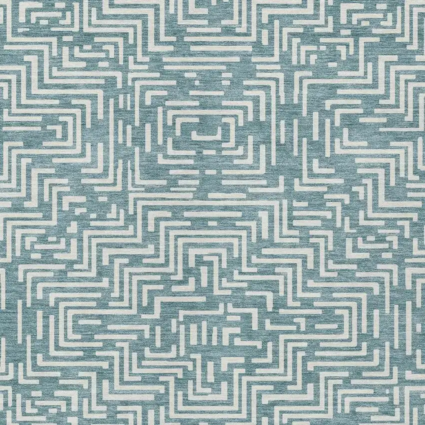 Teal Blue And Ivory Geometric Washable Indoor Outdoor Area Rug Photo 3