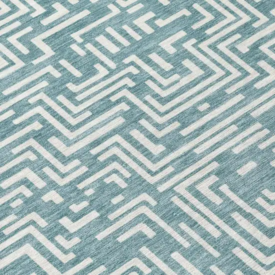 Teal Blue And Ivory Geometric Washable Indoor Outdoor Area Rug Photo 8
